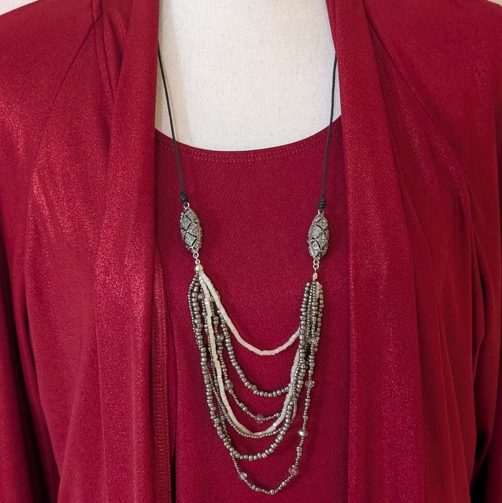 J. JILL Elegant Silver Black & Cream Beaded Layered Necklace Adjustable Cord NWT